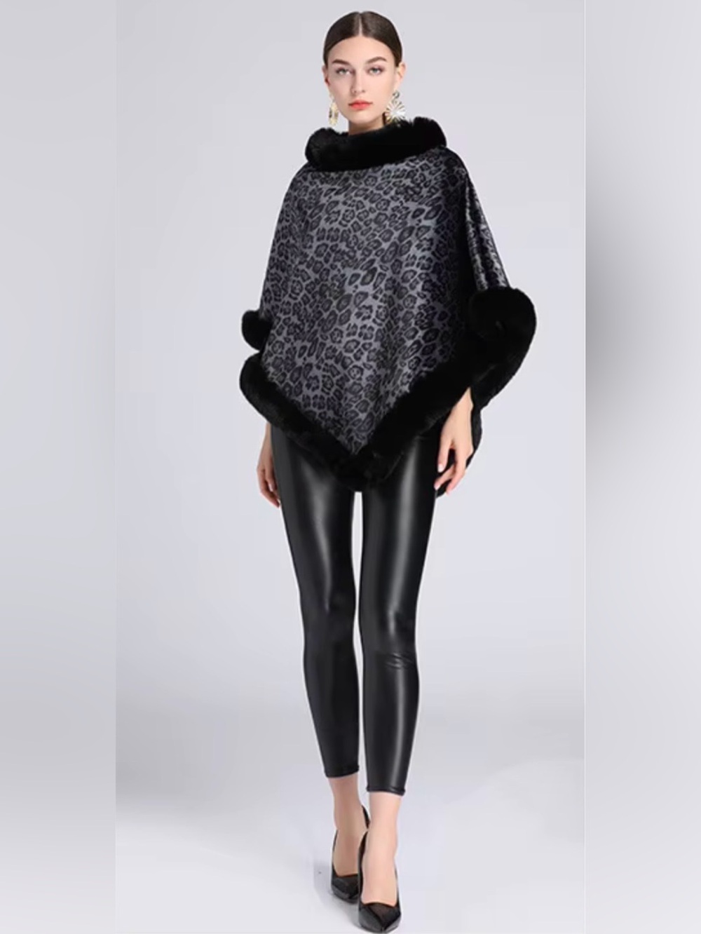 Wool Blend Black Gray Animal Print Cape Faux Fur Party Event Coastal Cowgirl OS